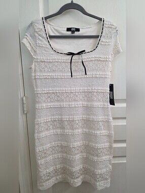Madden NYC Cream Lace Mini Dress with Black Trim